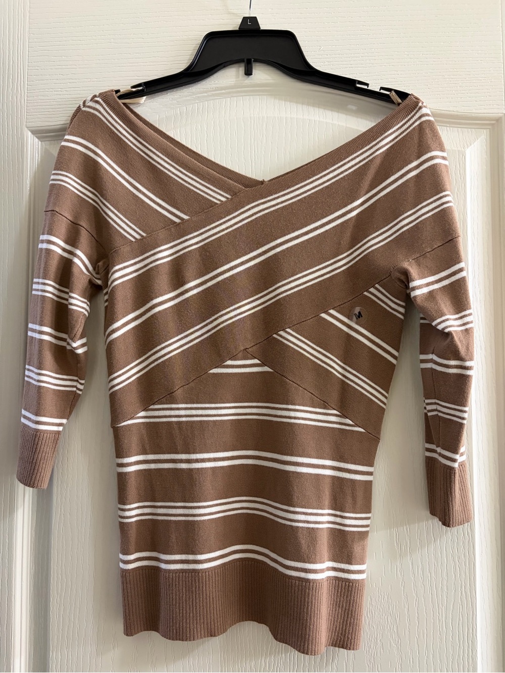 New York & Company Brown and White Striped Off-Shoulder Knit Top